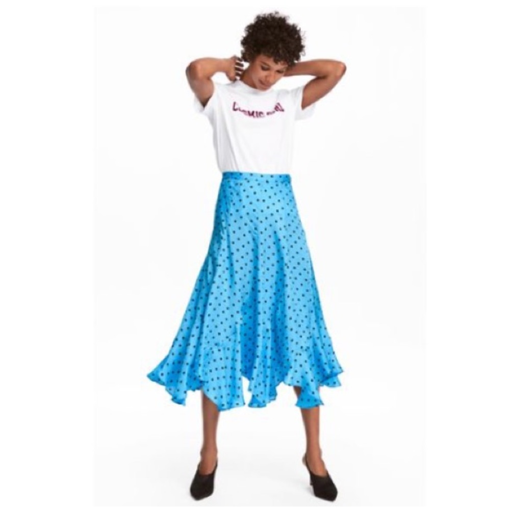 H&M Blue Polka Dot Jacquard Midi Skirt Sz 2